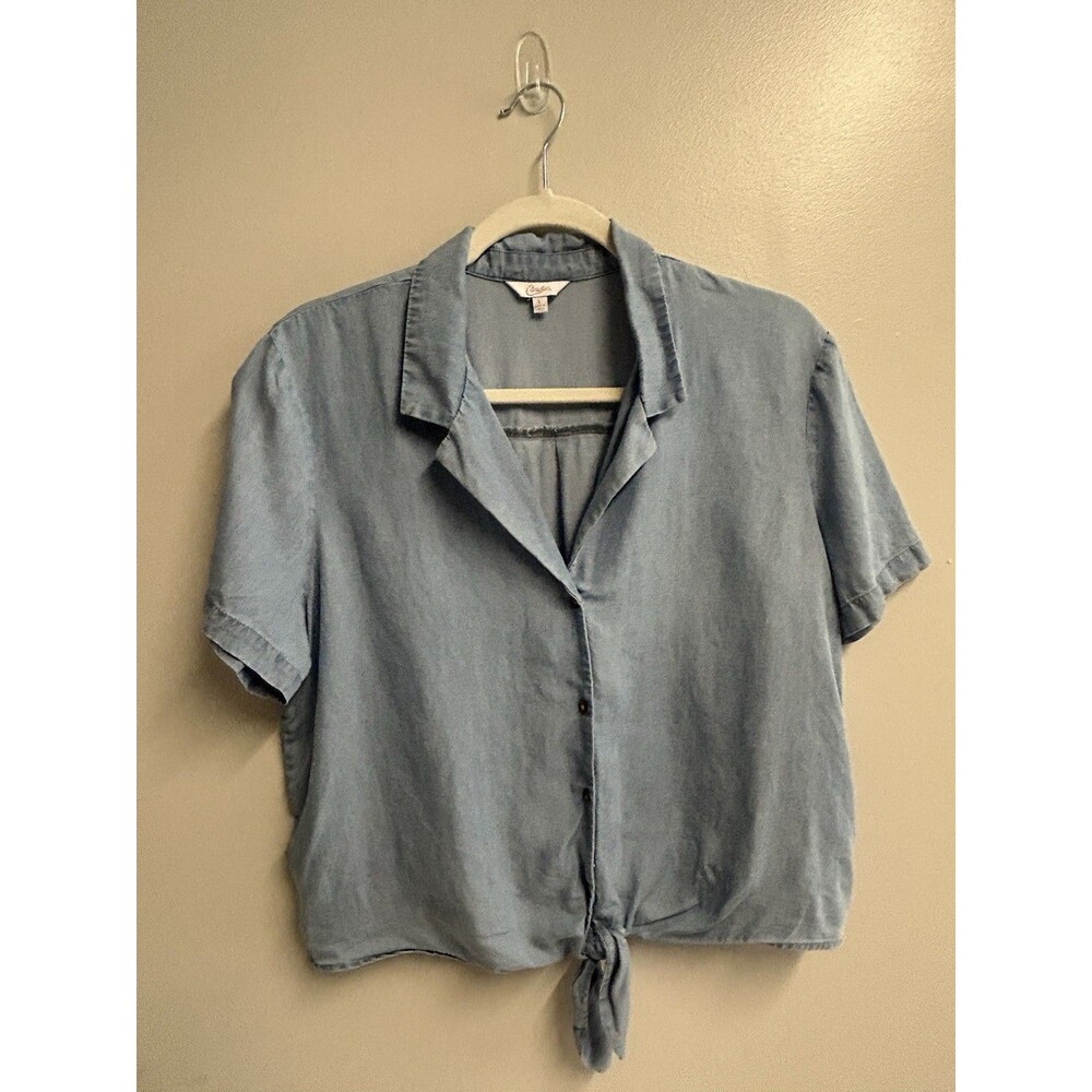 Short Sleeve Button Down Tie Front Shirt Blue